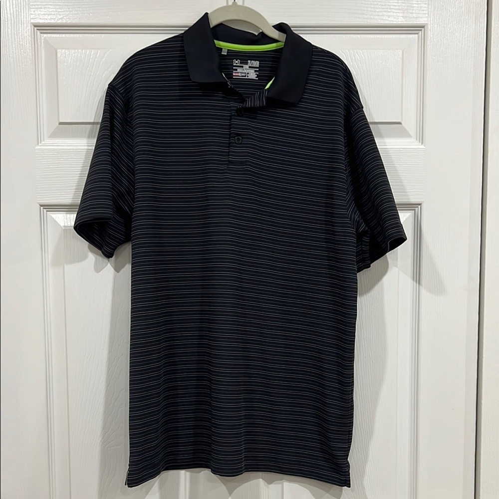 Under Armour Striped Performance Polo Black Gray Mens Size XL‎